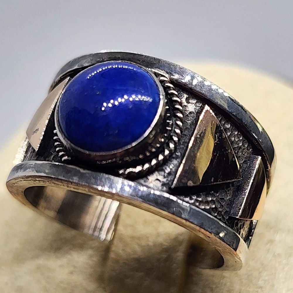 Artisan Blue Lapis Sterling Silver Ring Women Size 6 Blue 18K Gold Boho Vintage